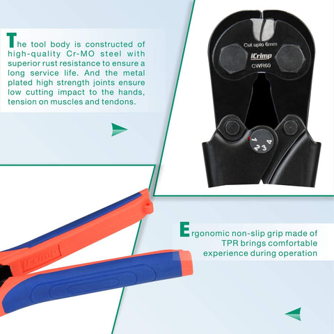 Close-up of 6mm Ratchet Wire Rope Cutter With 68 HRC Hardened Blade For Aircraft, Copper And Piano Wire, showcasing rust-resistant Cr-Mo steel.