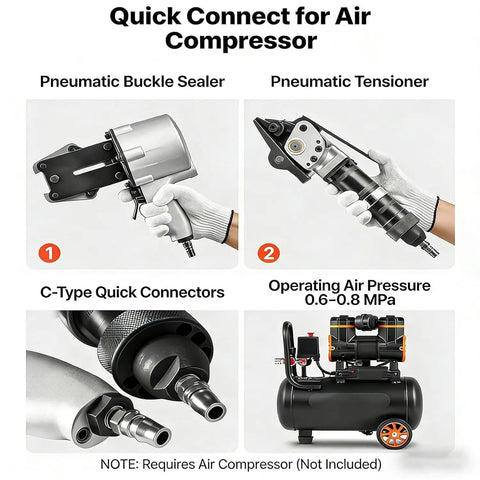 Pneumatic Steel Strapping Tool For Heavy Duty Packaging, 8500N Tension, No Power Supply Needed, tool components shown