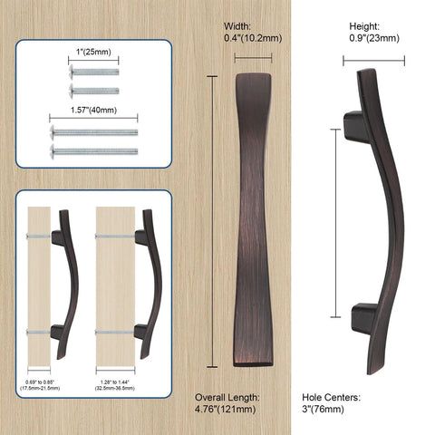 Diagram of 10 Pack 3 Inch Hole Center Cabinet Handles Oil Rubbed Bronze Bridge Design Zinc Alloy Drawer Pulls with dimensions and screws.