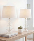 Clear Glass Table Lamp Set of 2 for Living Room and Bedroom Decor on wooden console, white linen shades, 28.5-inch tall