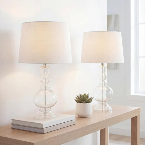 Clear Glass Table Lamp Set of 2 for Living Room and Bedroom Decor on wooden console, white linen shades, 28.5-inch tall