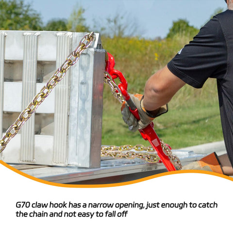 Man securing Beefy Heavy Duty One Quarter Inch Tow Chain Twelve Foot With G80 Grade Log Chain on flatbed with red lever.