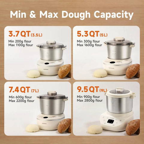 Joydeem 3.7Qt Electric Dough Maker With Smart Seasonal Fermentation And 150W Motor for dough capacities and types.