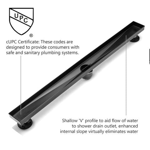 36 Inch Stainless Steel Linear Shower Drain With Tile Insert Tray And Flat Cover, matte black finish, UPC certified