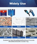 Infographic showing usage of 4 Inch Laser Welded Diamond Core Drill Bit for Granite, Marble, Concrete, and Brick surfaces.