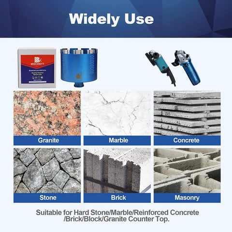 Infographic showing usage of 4 Inch Laser Welded Diamond Core Drill Bit for Granite, Marble, Concrete, and Brick surfaces.