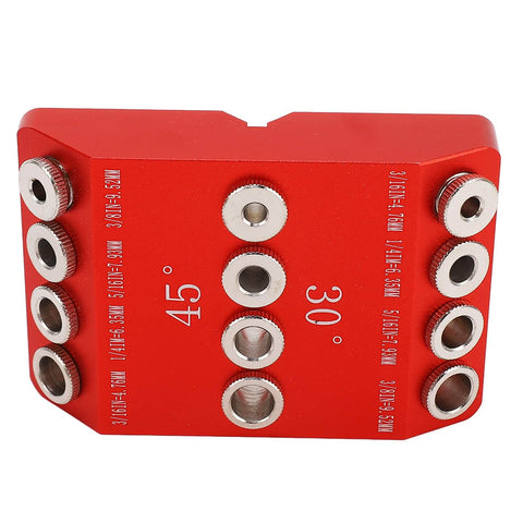 Red Pocket Hole Jig Drill Guide with 30 and 45 degree markings for woodworking pros and DIYers, aluminum alloy construction