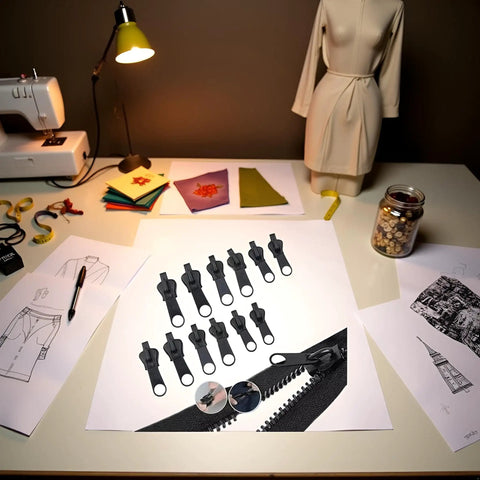 12 Pack Black Zipper Pulls Replacement Kit for quick fixes on garments, shown in a sewing crafts workspace with tools and materials.