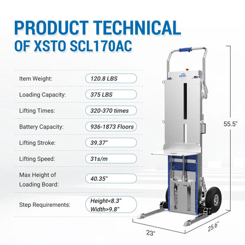 Heavy Duty Electric Stair Climbing Hand Truck With Power Lift Platform Handling All The Heavy Work So You Ride Easy Hauling Up To Three Seventy Five Pounds Across Floors Or Up Flights Of Stairs Smoothly technical specifications chart.