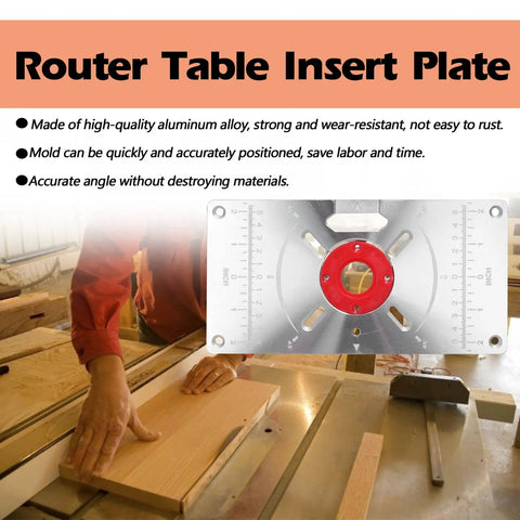 Top Shelf Aluminum Router Table Insert Plate With Four Tough Guide Rings For Rock Solid Woodworking and Knockout Precision Trimming Shop Gear and Upgrade Tools on a woodworking table.
