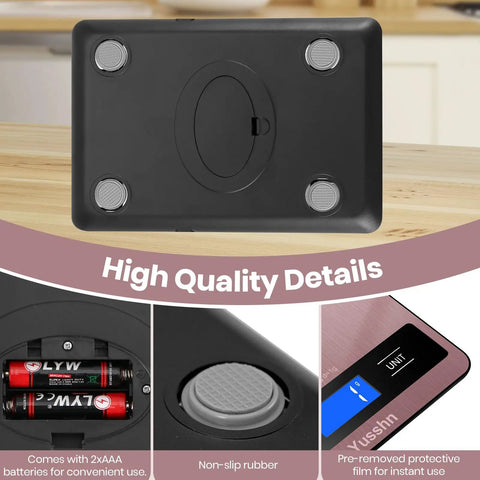 Underside of Digital Kitchen Scale for Pro Grade Precision in Cooking and Baking, Rose Gold with sensors and battery compartment
