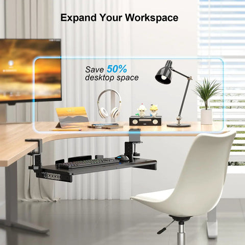 Under Desk Keyboard Tray With 60 Degree Swivel Clamp And Height Adjustment For Corner Desks, 25.6 By 11.8 Inch Slide Out Keyboard Mouse