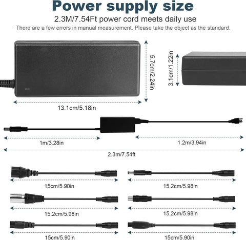 Universal 42V 2A 7-In-1 Charger dimensions and plug heads for 36V Li-Ion Scooters and E-Bikes, includes multiple connector sizes.