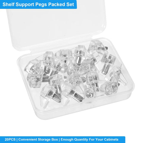 Legit Clear Cabinet Shelf Pegs Precision Cut For 5mm Holes Solid Plastic Shelf Support Pins in storage box, 20 pack.
