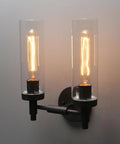 Rustic Industrial Wall Sconce Light With Tubular Clear Glass Lampshades, Matte Black Finish, Double Sconce Set, Metal Frame