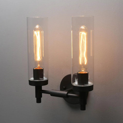 Rustic Industrial Wall Sconce Light With Tubular Clear Glass Lampshades, Matte Black Finish, Double Sconce Set, Metal Frame