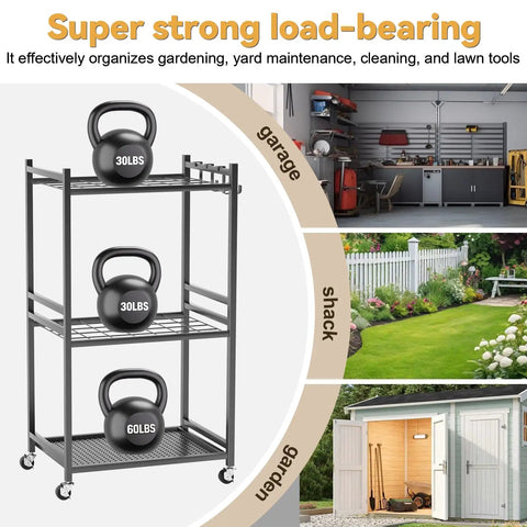 Heavy Duty Metal Garden Tool Organizer Rack With 35 Slots Locking Wheels And Hooks Rolling Yard Utility Holder for kettlebells