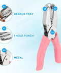 Front view of Three Piece Handheld Paper Hole Punch Set With Soft Grip Handles, 5mm, 5.5mm And 6mm Holes, showing pink and silver tone.
