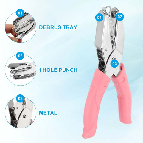 Front view of Three Piece Handheld Paper Hole Punch Set With Soft Grip Handles, 5mm, 5.5mm And 6mm Holes, showing pink and silver tone.