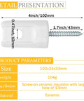 Front view of white ceramic fence insulator with lag screw for wooden posts, 102 mm long.