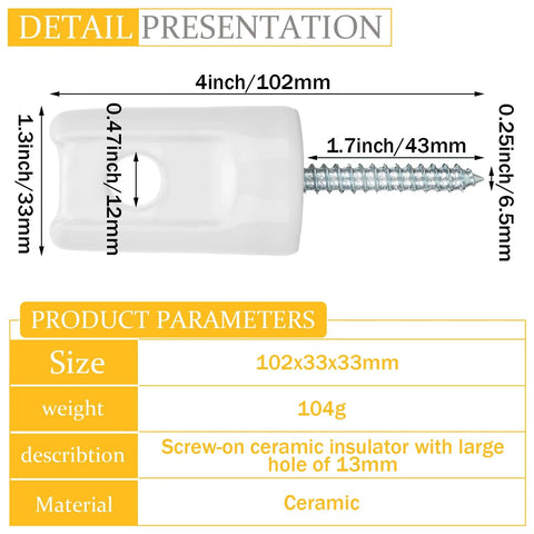 Front view of white ceramic fence insulator with lag screw for wooden posts, 102 mm long.