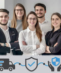 Group of five professionals smiling, standing in formal attire with icons of delivery and security below them.