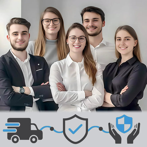Group of five professionals in formal attire with delivery and security icons below