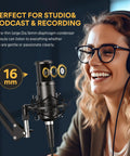Woman using XLR Condenser Microphone With Cardioid Pattern, Boom Arm And Pop Filter For Streaming And Podcasting, Great For Vocals And Music.