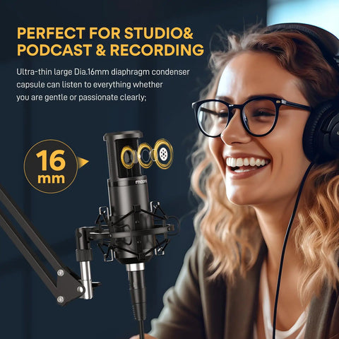 Woman using XLR Condenser Microphone With Cardioid Pattern, Boom Arm And Pop Filter For Streaming And Podcasting, Great For Vocals And Music.