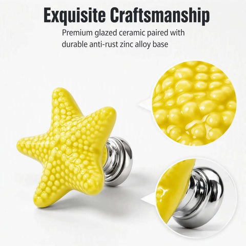 Super Legit And Totally Dope Four Piece Set Of Yellow Starfish Drawer Knobs Built With Heavy Duty Zinc Alloy And Glossy Ceramic For Quick Coastal Bedroom Vanities And Beach House Cabinet Revamps. Close up on yellow starfish knob with shiny zinc base.