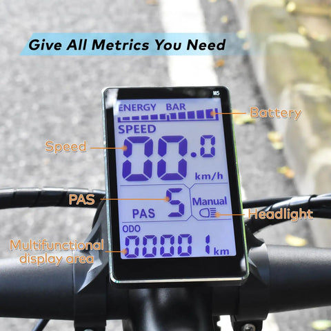 Close-up of Ebike Display M5 with UART No 2 Protocol showing speed, battery level, and ride data on bike handlebars.