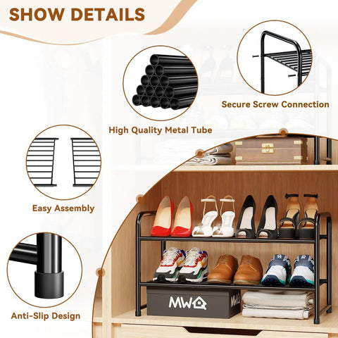 Detailed view of Two Tier Metal Shoe Rack Organizer For Closet And Garage, 27 Inch Wide, showing assembly and anti-slip features.