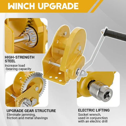 Close-up of upgraded winch for overhead garage storage lift showing high-strength steel and gear mechanism.