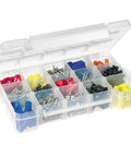 Compact Plastic Portable Parts Storage Case With Hinged Lid And Four Adjustable Dividers showcasing various small items.