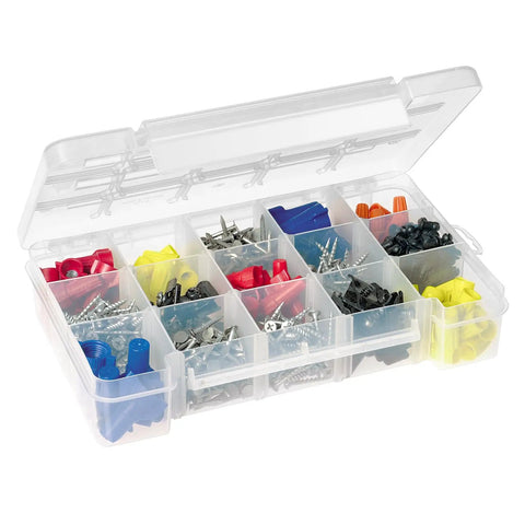 Compact Plastic Portable Parts Storage Case With Hinged Lid And Four Adjustable Dividers showcasing various small items.