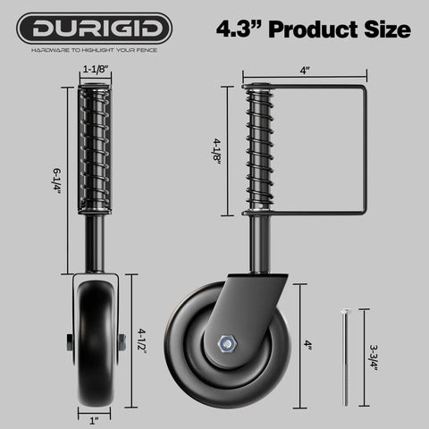 Rock Solid 4.3 Inch Spring Loaded Gate Wheel Heavy Duty Casters For Wood Fence Gates Black dimensions showing 4.3-inch roller size.