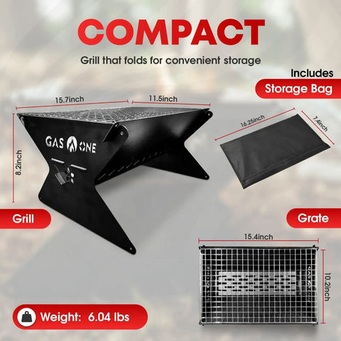 15 Inch Portable Charcoal Grill Foldable BBQ for Camping Backyard Bonfires and Patio Heavy Duty Fire Pit Gear shown with dimensions and accessories
