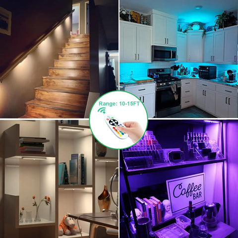 Rechargeable Wireless Under Cabinet Lighting With Remote, 15 Color Changing RGB Light Bar, 6 Pack, illuminating stairs, kitchen, and shelves.