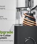 Close-up of the Top Rated 3-In-1 Cold Press Juicer For Juice, Nut Milk And Sorbet showing the upgraded pre-cutter system for juice purity.