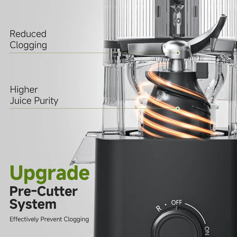 Close-up of the Top Rated 3-In-1 Cold Press Juicer For Juice, Nut Milk And Sorbet showing the upgraded pre-cutter system for juice purity.
