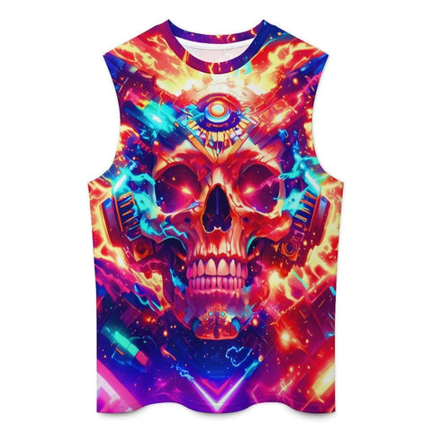 Men's Big And Tall 3D Flame Skull Graphic Tank Top Sleeveless Summer Muscle Tee colorful design front view, lightweight polyester.