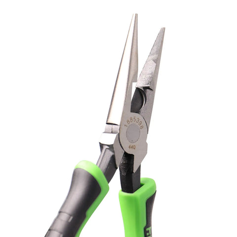 8 Inch Long Nose Pliers With Rubber Grip Handle Black And Green Needle Nose Steel With Laser Hardened Cutting Edge For Sharp Lasting Cuts Non Slip Ergonomic Grips For Pro Jobs And DIY Projects