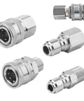 Four-piece stainless steel 3/8 in quick-connect fittings set for pressure washers with male and female adapters