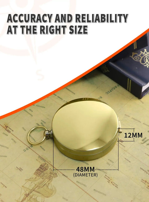 Waterproof Brass Compass For Hiking And Survival With Large Dial And Glow In The Dark Markings, closed view with dimensions