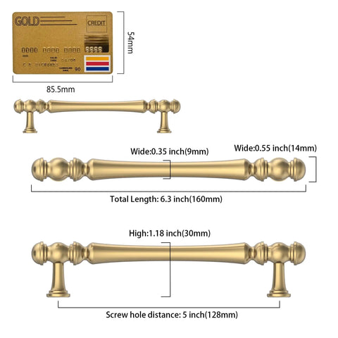 Detailed dimensions of Heavy Duty Solid Zinc Alloy Cabinet Pulls Set Of 10 In Champagne Bronze Gold Finish With 5 Inch Hole Centers