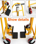 Close-up of yellow Set of 2 Heavy Duty Manual Furniture Movers With 1300 Lb Capacity And 12 Inch Lift Height, showing wheels and straps.