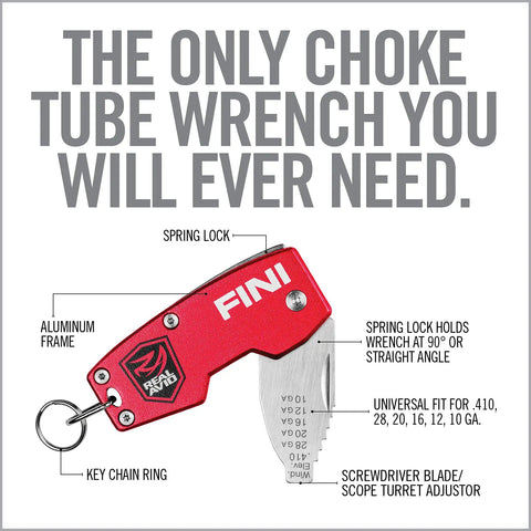 FINI Shotgun Tool Choke Wrench with Scope Turret Adjuster, red aluminum frame, keychain ring, durable pocket-size hunting gear.