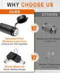 Comparison chart of hitch locks showing upgraded plum blossom lock core versus simple design, highlighting security features.