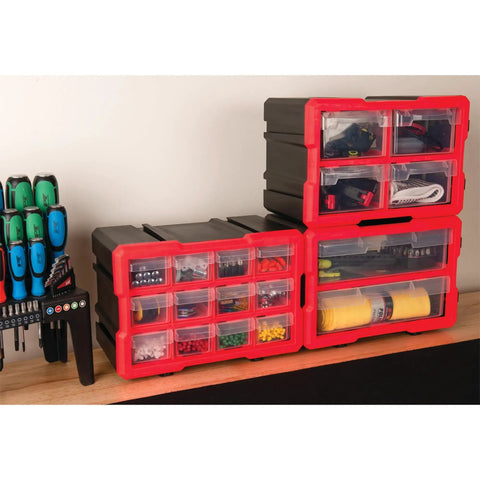 Two Drawer Interlocking Storage Bin System with transparent drawers holding tools, stackable and wall mountable, placed on a workbench.