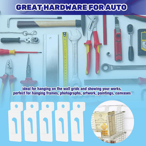 White Slatwall notch hooks for photo frames and pegboard hangers, 30 pieces, ideal for home office gallery wall organization solutions.